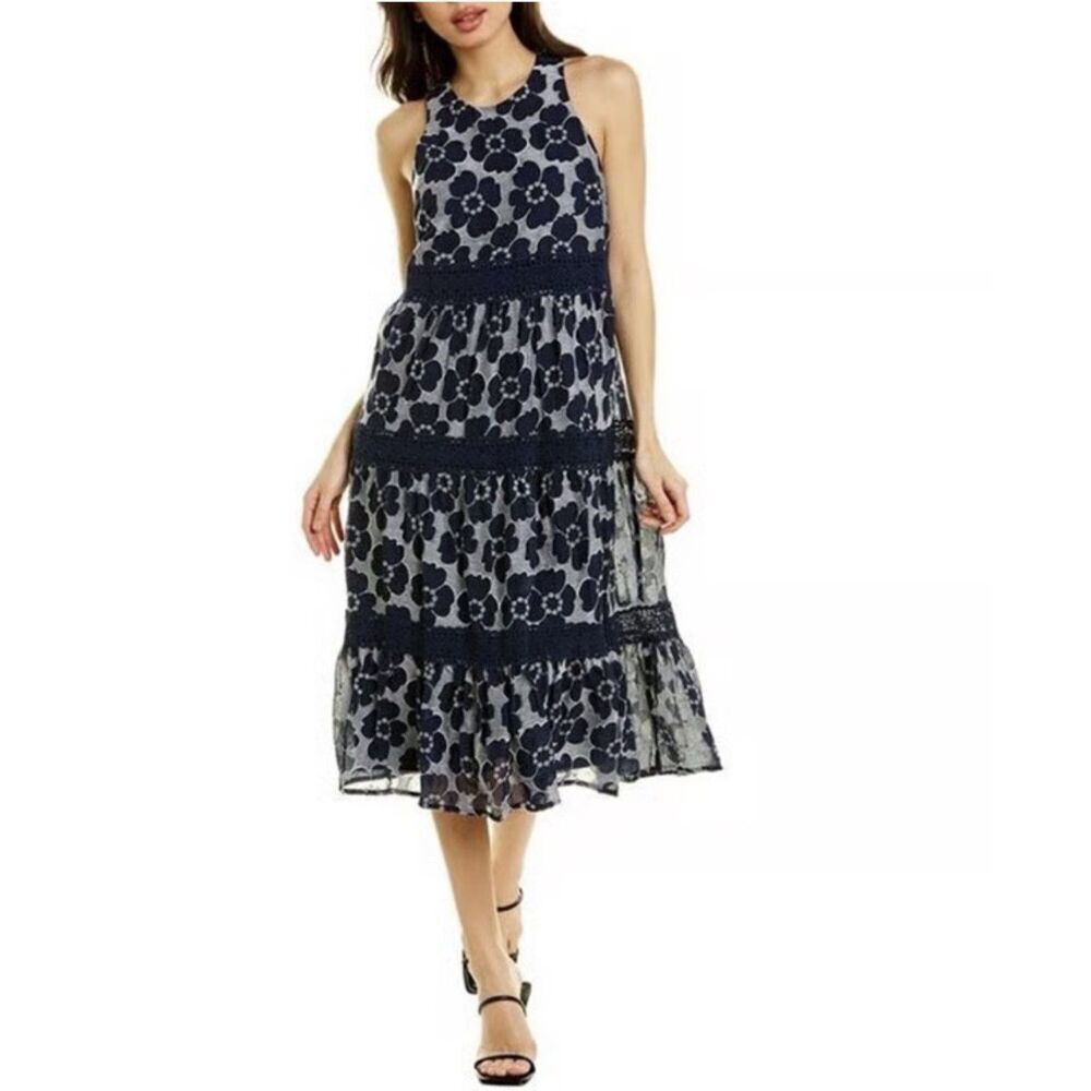 Trina Turk Navy Blue Crotchet Sheath Dress Navy Floral Embroidered Sz 14